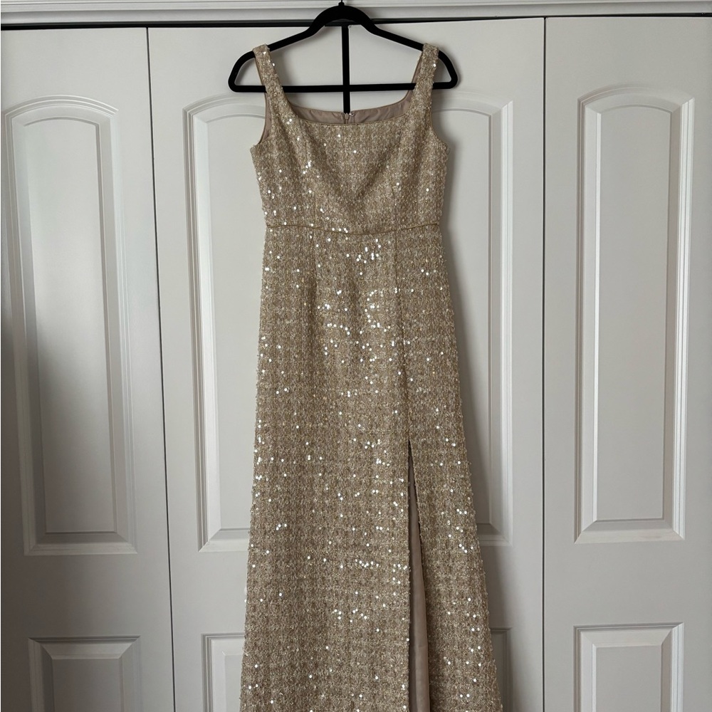 Adrianna Papell Natural Square Neck Boucle Gown